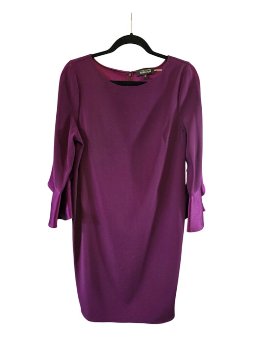 RICKIE FREEMAN FOR TERI JON PLUM COCKTAIL DRESS SIZE 12 BELL SATIN SLEEVES